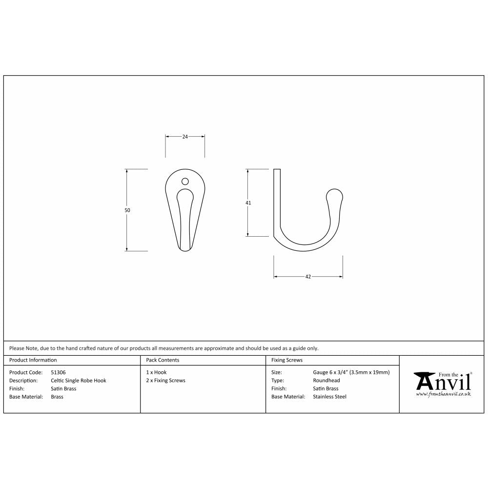 This is an image showing From The Anvil - Satin Brass Celtic Single Robe Hook available from trade door handles, quick delivery and discounted prices