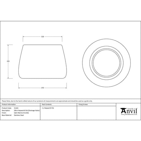 This is an image showing From The Anvil - Satin Marine SS (316) 28cm Hepworth Pot (Drainage holes) available from T.H Wiggans Architectural Ironmongery in Kendal, quick delivery and discounted prices