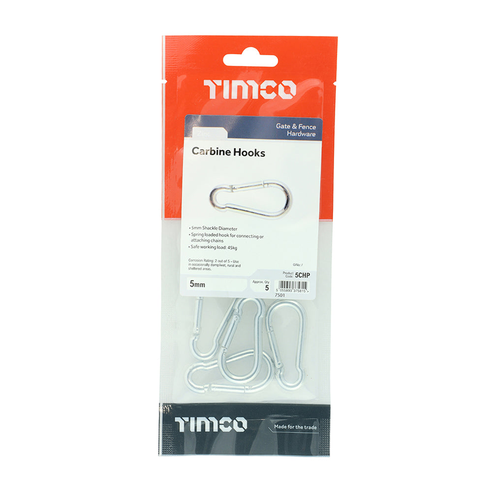 This is an image showing TIMCO Carbine Hooks - Zinc - 5mm - 5 Pieces TIMpac available from T.H Wiggans Ironmongery in Kendal, quick delivery at discounted prices.