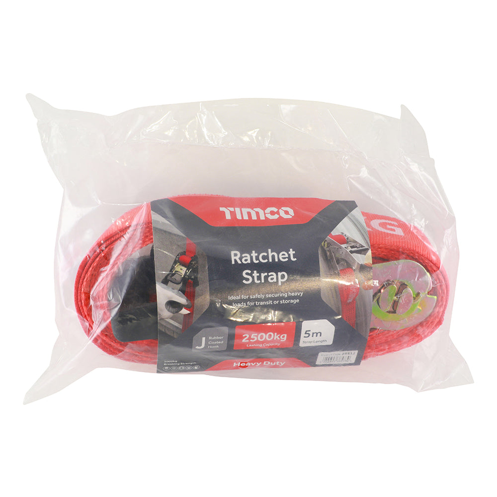 This is an image showing TIMCO Ratchet Strap - J Hook - Heavy Duty - 5m x 50mm - 1 Each Bag available from T.H Wiggans Ironmongery in Kendal, quick delivery at discounted prices.