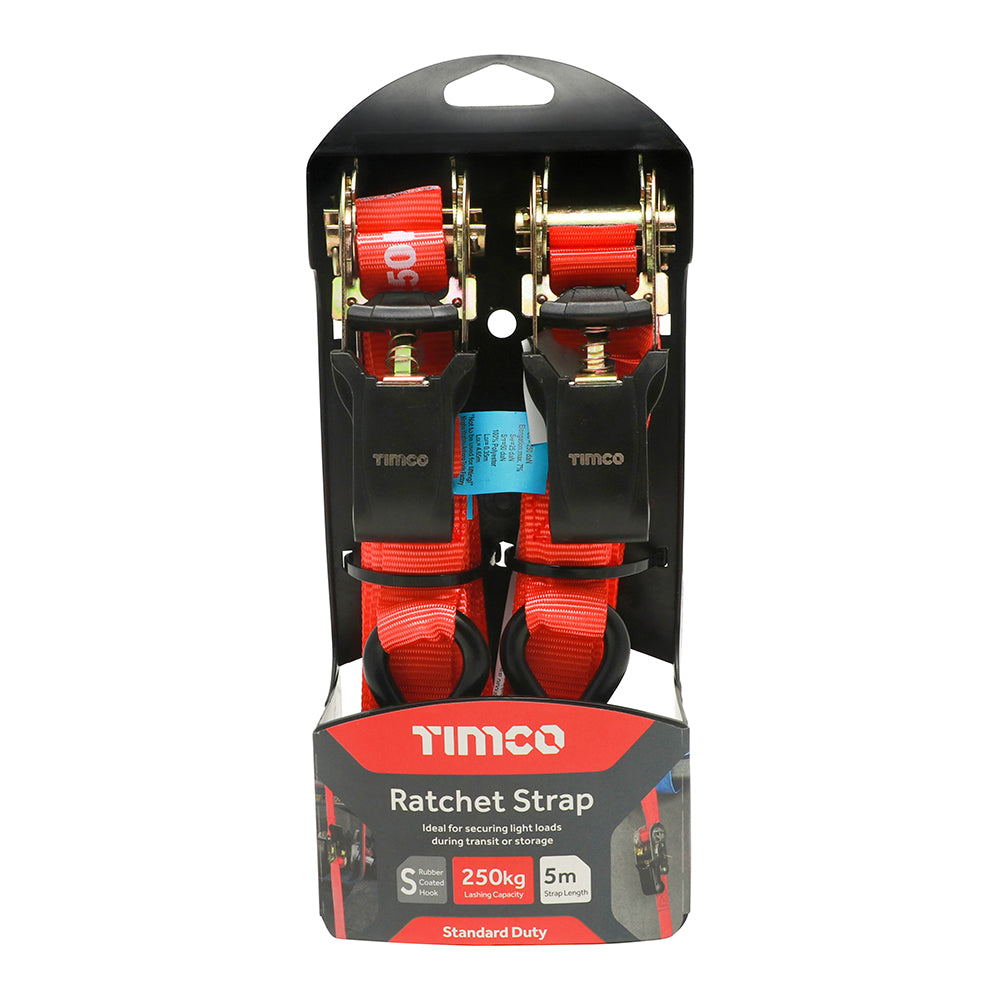This is an image showing TIMCO Ratchet Straps - S Hook - Standard Duty - 5m x 25mm - 2 Pieces Blister Pack available from T.H Wiggans Ironmongery in Kendal, quick delivery at discounted prices.
