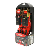 This is an image showing TIMCO Ratchet Straps - S Hook - Standard Duty - 5m x 25mm - 2 Pieces Blister Pack available from T.H Wiggans Ironmongery in Kendal, quick delivery at discounted prices.