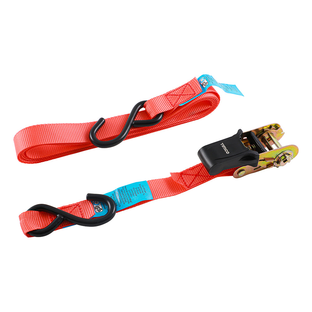 This is an image showing TIMCO Ratchet Straps - S Hook - Standard Duty - 5m x 25mm - 4 Pieces Box available from T.H Wiggans Ironmongery in Kendal, quick delivery at discounted prices.