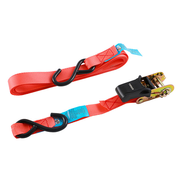 This is an image showing TIMCO Ratchet Straps - S Hook - Standard Duty - 5m x 25mm - 4 Pieces Box available from T.H Wiggans Ironmongery in Kendal, quick delivery at discounted prices.