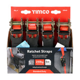 This is an image showing TIMCO Ratchet Straps - S Hook - Standard Duty - 5m x 25mm - 4 Pieces Box available from T.H Wiggans Ironmongery in Kendal, quick delivery at discounted prices.