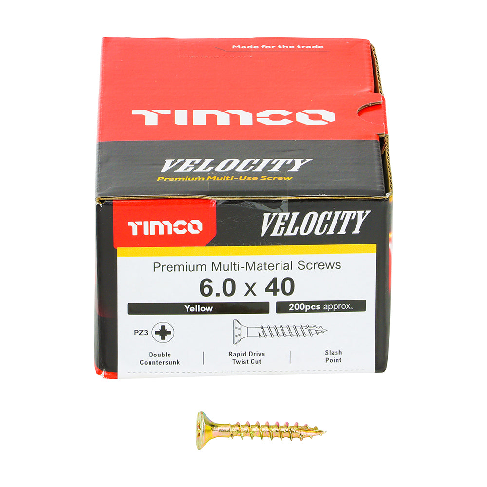 This is an image showing TIMCO Velocity Premium Multi-Use Screws - PZ - Double Countersunk - Yellow
 - 6.0 x 40 - 200 Pieces Box available from T.H Wiggans Ironmongery in Kendal, quick delivery at discounted prices.