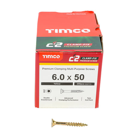 This is an image showing TIMCO C2 Clamp-Fix - TX - Double Countersunk with Ribs - Twin-Cut - Yellow - 6.0 x 50 - 200 Pieces Box available from T.H Wiggans Ironmongery in Kendal, quick delivery at discounted prices.