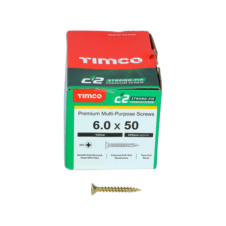 This is an image showing TIMCO C2 Strong-Fix - PZ - Double Countersunk - Twin-Cut - Yellow - 6.0 x 50 - 200 Pieces Box available from T.H Wiggans Ironmongery in Kendal, quick delivery at discounted prices.