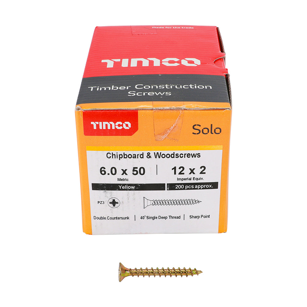 This is an image showing TIMCO Solo Chipboard & Woodscrews - PZ - Double Countersunk - Yellow - 6.0 x 50 - 200 Pieces Box available from T.H Wiggans Ironmongery in Kendal, quick delivery at discounted prices.