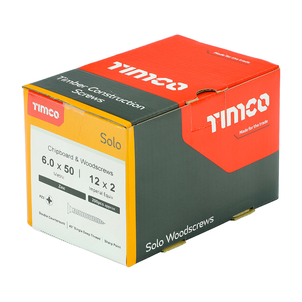 This is an image showing TIMCO Solo Chipboard & Woodscrews - PZ - Double Countersunk - Zinc - 6.0 x 50 - 200 Pieces Box available from T.H Wiggans Ironmongery in Kendal, quick delivery at discounted prices.