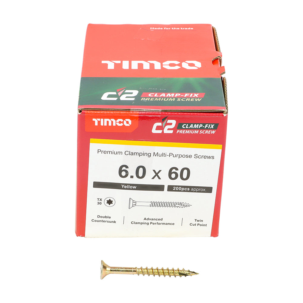 This is an image showing TIMCO C2 Clamp-Fix - TX - Double Countersunk with Ribs - Twin-Cut - Yellow - 6.0 x 60 - 200 Pieces Box available from T.H Wiggans Ironmongery in Kendal, quick delivery at discounted prices.