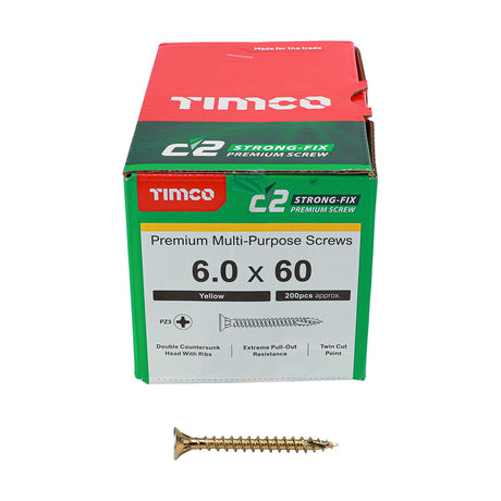 This is an image showing TIMCO C2 Strong-Fix - PZ - Double Countersunk - Twin-Cut - Yellow - 6.0 x 60 - 200 Pieces Box available from T.H Wiggans Ironmongery in Kendal, quick delivery at discounted prices.