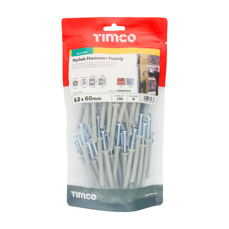 This is an image showing TIMCO Nylon Hammer Fixings - PZ - Zinc - 6.0 x 60 - 100 Pieces TIMbag available from T.H Wiggans Ironmongery in Kendal, quick delivery at discounted prices.