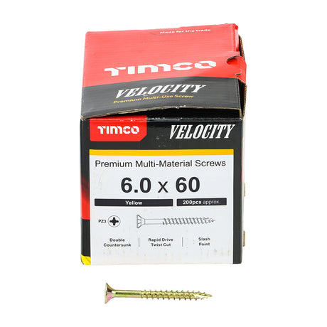 This is an image showing TIMCO Velocity Premium Multi-Use Screws - PZ - Double Countersunk - Yellow
 - 6.0 x 60 - 200 Pieces Box available from T.H Wiggans Ironmongery in Kendal, quick delivery at discounted prices.