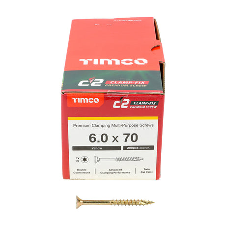 This is an image showing TIMCO C2 Clamp-Fix - TX - Double Countersunk with Ribs - Twin-Cut - Yellow - 6.0 x 70 - 200 Pieces Box available from T.H Wiggans Ironmongery in Kendal, quick delivery at discounted prices.