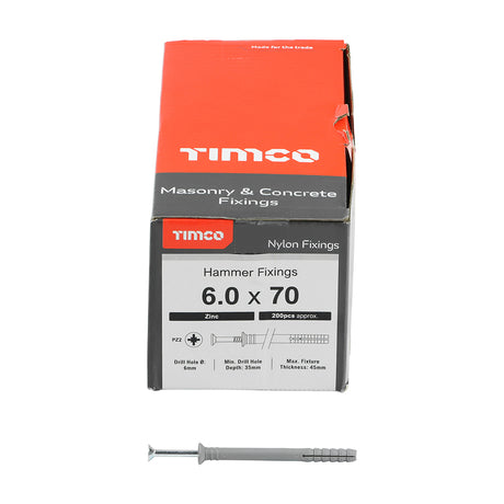 This is an image showing TIMCO Nylon Hammer Fixing - PZ - Zinc - 6.0 x 70 - 200 Pieces Box available from T.H Wiggans Ironmongery in Kendal, quick delivery at discounted prices.