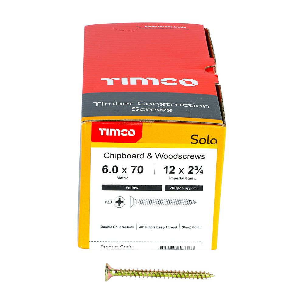 This is an image showing TIMCO Solo Chipboard & Woodscrews - PZ - Double Countersunk - Yellow - 6.0 x 70 - 200 Pieces Box available from T.H Wiggans Ironmongery in Kendal, quick delivery at discounted prices.