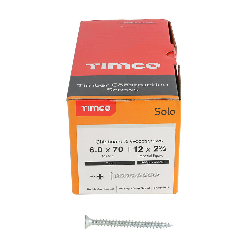 This is an image showing TIMCO Solo Chipboard & Woodscrews - PZ - Double Countersunk - Zinc - 6.0 x 70 - 200 Pieces Box available from T.H Wiggans Ironmongery in Kendal, quick delivery at discounted prices.