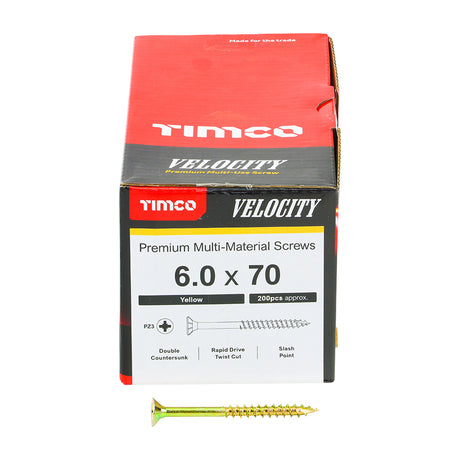 This is an image showing TIMCO Velocity Premium Multi-Use Screws - PZ - Double Countersunk - Yellow
 - 6.0 x 70 - 200 Pieces Box available from T.H Wiggans Ironmongery in Kendal, quick delivery at discounted prices.