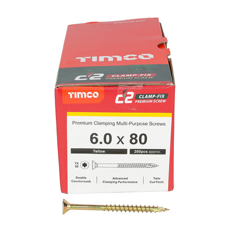 This is an image showing TIMCO C2 Clamp-Fix - TX - Double Countersunk with Ribs - Twin-Cut - Yellow - 6.0 x 80 - 200 Pieces Box available from T.H Wiggans Ironmongery in Kendal, quick delivery at discounted prices.