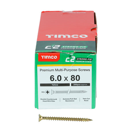 This is an image showing TIMCO C2 Strong-Fix - PZ - Double Countersunk - Twin-Cut - Yellow - 6.0 x 80 - 200 Pieces Box available from T.H Wiggans Ironmongery in Kendal, quick delivery at discounted prices.