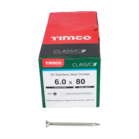 This is an image showing TIMCO Classic Multi-Purpose Screws - PZ - Double Countersunk - A2 Stainless Steel
 - 6.0 x 80 - 200 Pieces Box available from T.H Wiggans Ironmongery in Kendal, quick delivery at discounted prices.