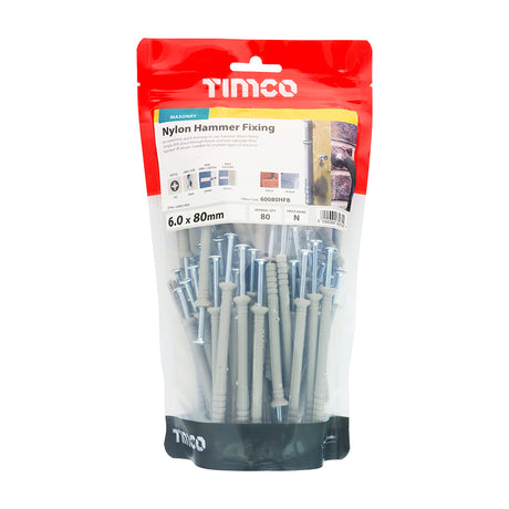 This is an image showing TIMCO Nylon Hammer Fixings - PZ - Zinc - 6.0 x 80 - 80 Pieces TIMbag available from T.H Wiggans Ironmongery in Kendal, quick delivery at discounted prices.