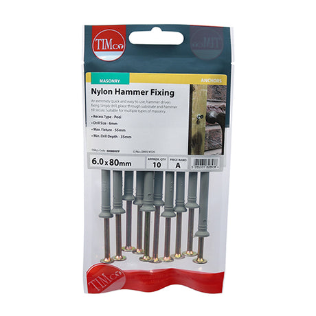 This is an image showing TIMCO Nylon Hammer Fixings - PZ - Zinc - 6.0 x 80 - 10 Pieces TIMpac available from T.H Wiggans Ironmongery in Kendal, quick delivery at discounted prices.