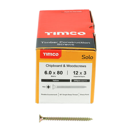 This is an image showing TIMCO Solo Chipboard & Woodscrews - PZ - Double Countersunk - Yellow - 6.0 x 80 - 200 Pieces Box available from T.H Wiggans Ironmongery in Kendal, quick delivery at discounted prices.