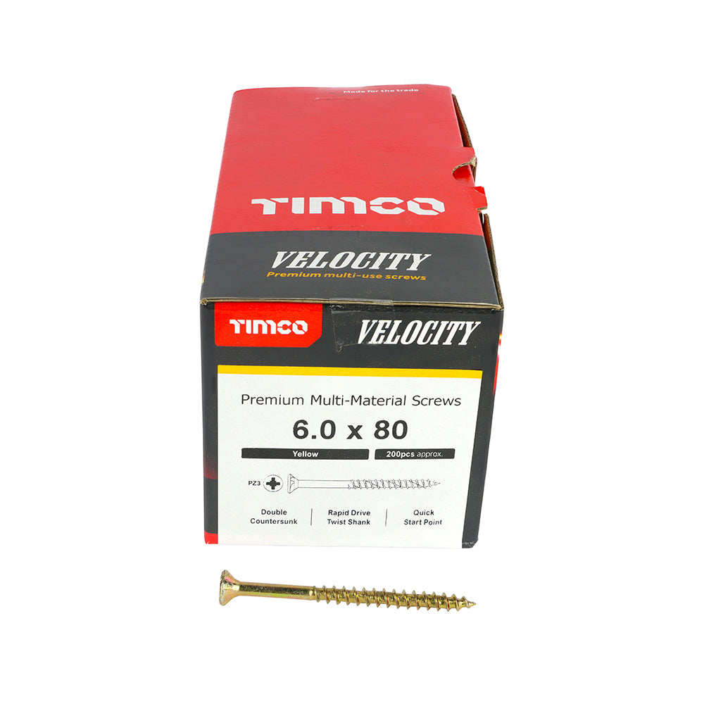 This is an image showing TIMCO Velocity Premium Multi-Use Screws - PZ - Double Countersunk - Yellow
 - 6.0 x 80 - 200 Pieces Box available from T.H Wiggans Ironmongery in Kendal, quick delivery at discounted prices.