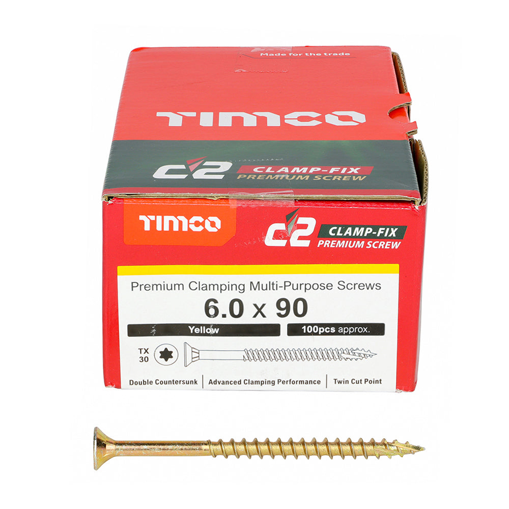 This is an image showing TIMCO C2 Clamp-Fix - TX - Double Countersunk with Ribs - Twin-Cut - Yellow - 6.0 x 90 - 100 Pieces Box available from T.H Wiggans Ironmongery in Kendal, quick delivery at discounted prices.