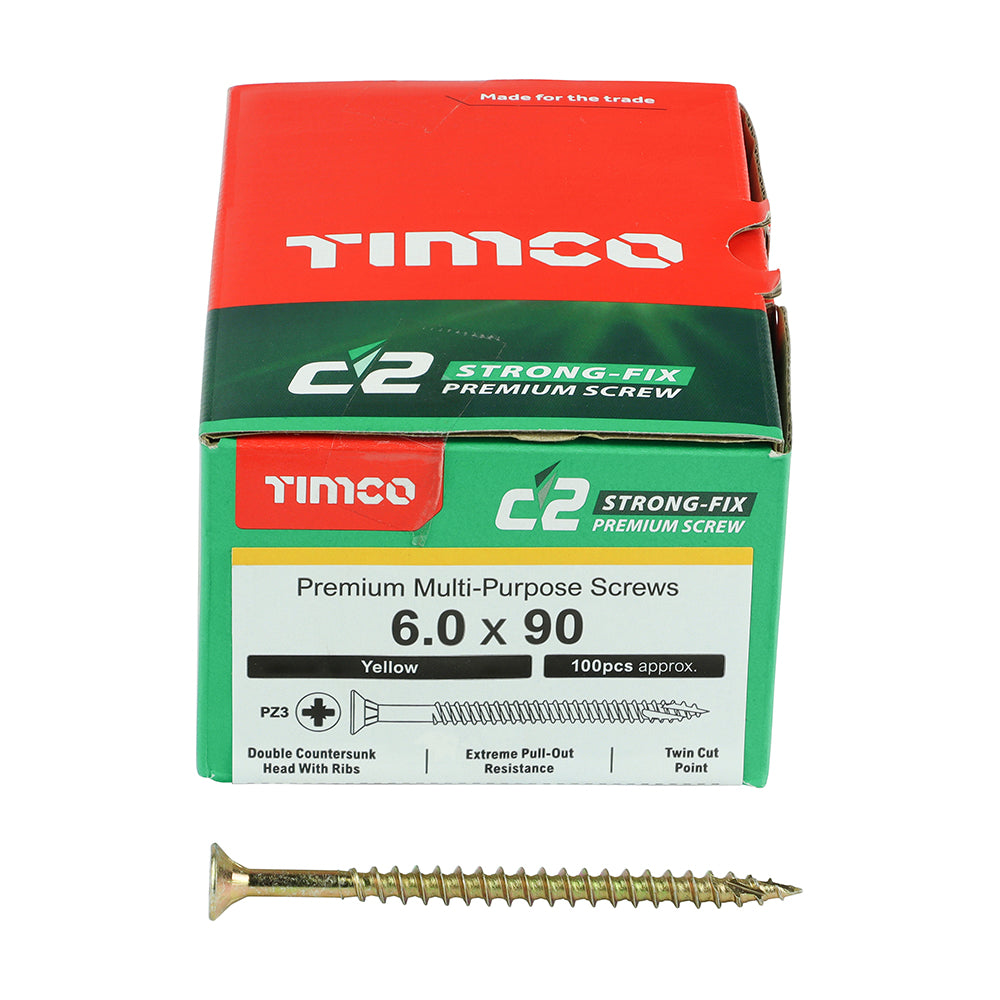 This is an image showing TIMCO C2 Strong-Fix - PZ - Double Countersunk - Twin-Cut - Yellow - 6.0 x 90 - 100 Pieces Box available from T.H Wiggans Ironmongery in Kendal, quick delivery at discounted prices.