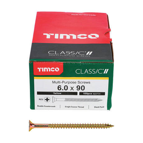 This is an image showing TIMCO Classic Multi-Purpose Screws - PZ - Double Countersunk - Yellow - 6.0 x 90 - 100 Pieces Box available from T.H Wiggans Ironmongery in Kendal, quick delivery at discounted prices.