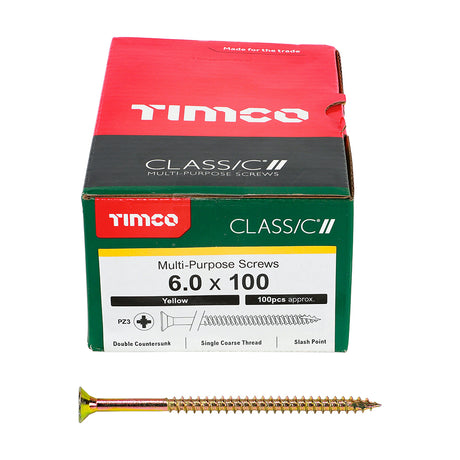 This is an image showing TIMCO Classic Multi-Purpose Screws - PZ - Double Countersunk - Yellow - 6.0 x 100 - 100 Pieces Box available from T.H Wiggans Ironmongery in Kendal, quick delivery at discounted prices.