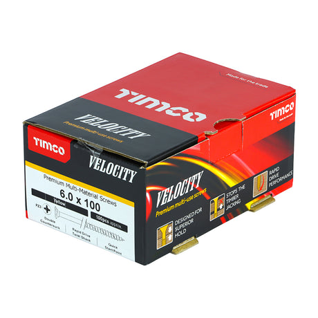 This is an image showing TIMCO Velocity Premium Multi-Use Screws - PZ - Double Countersunk - Yellow
 - 6.0 x 100 - 100 Pieces Box available from T.H Wiggans Ironmongery in Kendal, quick delivery at discounted prices.