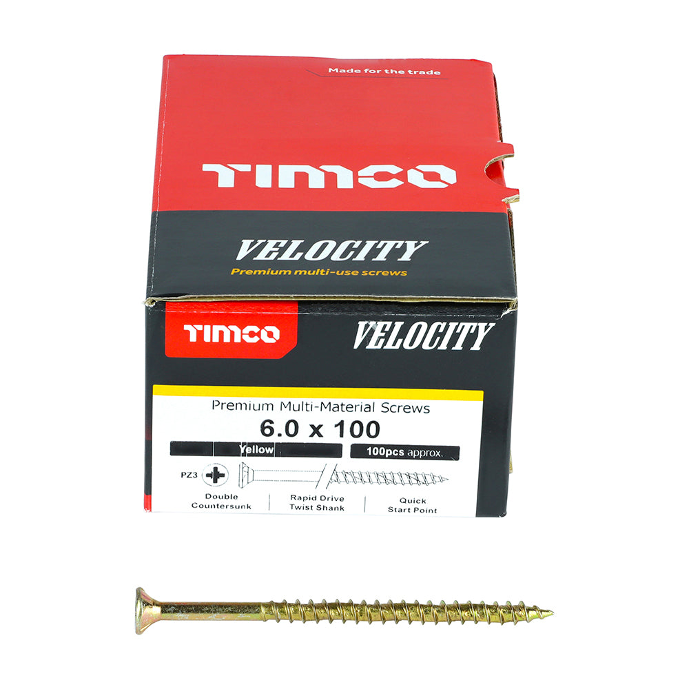 This is an image showing TIMCO Velocity Premium Multi-Use Screws - PZ - Double Countersunk - Yellow
 - 6.0 x 100 - 100 Pieces Box available from T.H Wiggans Ironmongery in Kendal, quick delivery at discounted prices.