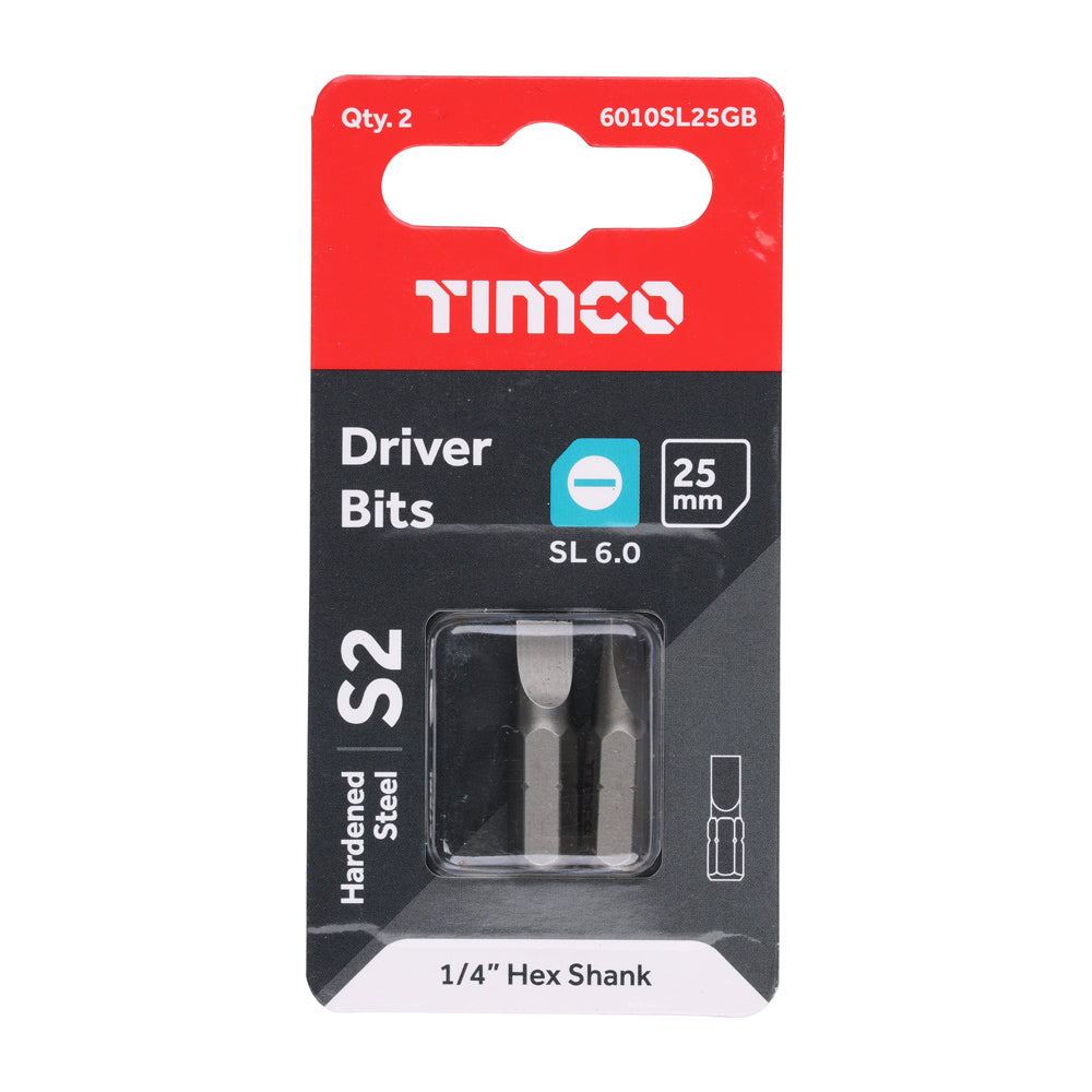 This is an image showing TIMCO S2 Driver Bits - SL - 6.0 x 1.0 x 25 - 2 Pieces Blister Pack available from T.H Wiggans Ironmongery in Kendal, quick delivery at discounted prices.
