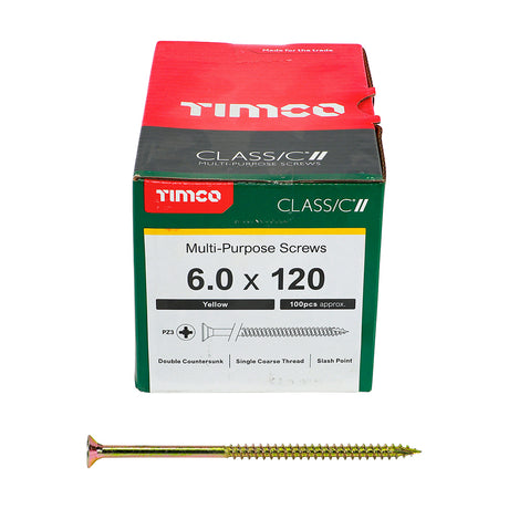 This is an image showing TIMCO Classic Multi-Purpose Screws - PZ - Double Countersunk - Yellow - 6.0 x 120 - 100 Pieces Box available from T.H Wiggans Ironmongery in Kendal, quick delivery at discounted prices.