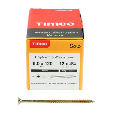 This is an image showing TIMCO Solo Chipboard & Woodscrews - PZ - Double Countersunk - Yellow - 6.0 x 120 - 100 Pieces Box available from T.H Wiggans Ironmongery in Kendal, quick delivery at discounted prices.