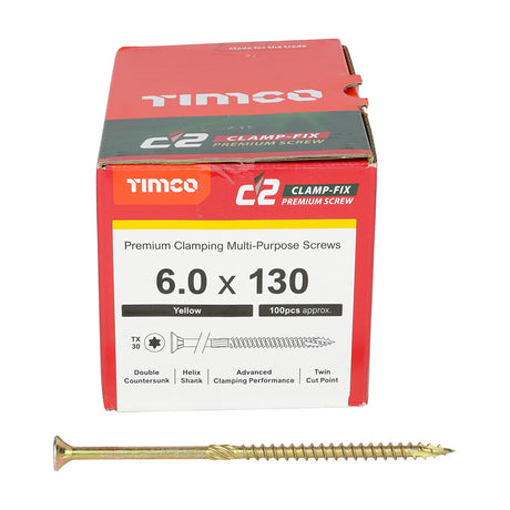 This is an image showing TIMCO C2 Clamp-Fix - TX - Double Countersunk with Ribs - Twin-Cut - Yellow - 6.0 x 130 - 100 Pieces Box available from T.H Wiggans Ironmongery in Kendal, quick delivery at discounted prices.