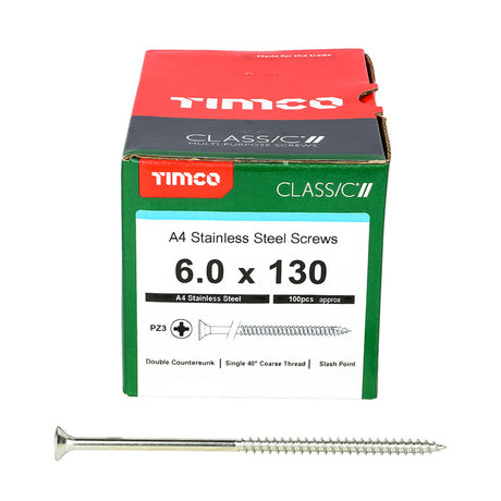 This is an image showing TIMCO Classic Multi-Purpose Screws - PZ - Double Countersunk - A4 Stainless Steel
 - 6.0 x 130 - 100 Pieces Box available from T.H Wiggans Ironmongery in Kendal, quick delivery at discounted prices.