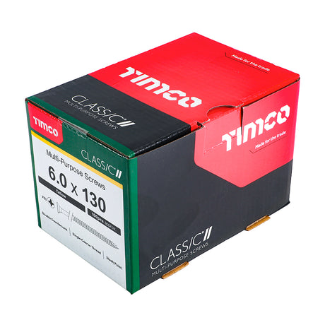 This is an image showing TIMCO Classic Multi-Purpose Screws - PZ - Double Countersunk - Yellow - 6.0 x 130 - 100 Pieces Box available from T.H Wiggans Ironmongery in Kendal, quick delivery at discounted prices.