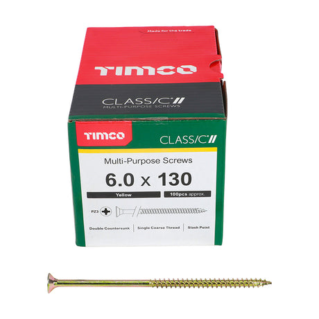 This is an image showing TIMCO Classic Multi-Purpose Screws - PZ - Double Countersunk - Yellow - 6.0 x 130 - 100 Pieces Box available from T.H Wiggans Ironmongery in Kendal, quick delivery at discounted prices.