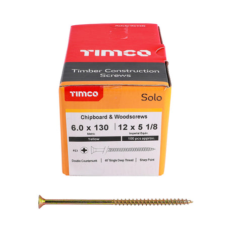 This is an image showing TIMCO Solo Chipboard & Woodscrews - PZ - Double Countersunk - Yellow - 6.0 x 130 - 100 Pieces Box available from T.H Wiggans Ironmongery in Kendal, quick delivery at discounted prices.