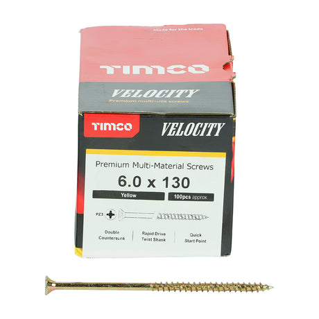 This is an image showing TIMCO Velocity Premium Multi-Use Screws - PZ - Double Countersunk - Yellow
 - 6.0 x 130 - 100 Pieces Box available from T.H Wiggans Ironmongery in Kendal, quick delivery at discounted prices.