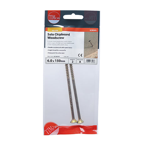 This is an image showing TIMCO Solo Woodscrews - PZ - Double Countersunk - Yellow - 6.0 x 150 - 2 Pieces TIMpac available from T.H Wiggans Ironmongery in Kendal, quick delivery at discounted prices.