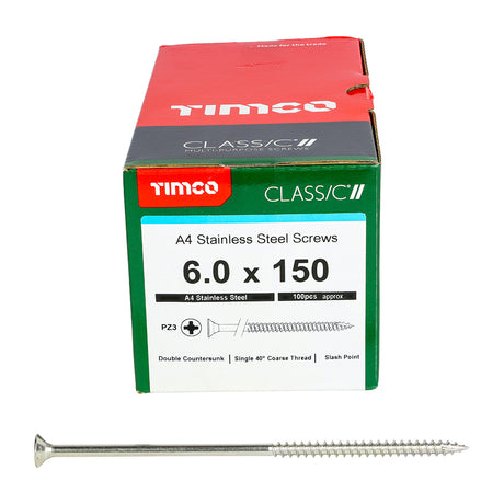 This is an image showing TIMCO Classic Multi-Purpose Screws - PZ - Double Countersunk - A4 Stainless Steel
 - 6.0 x 150 - 100 Pieces Box available from T.H Wiggans Ironmongery in Kendal, quick delivery at discounted prices.