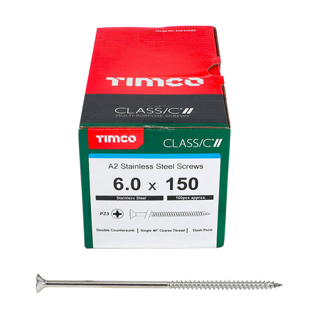 This is an image showing TIMCO Classic Multi-Purpose Screws - PZ - Double Countersunk - A2 Stainless Steel
 - 6.0 x 150 - 100 Pieces Box available from T.H Wiggans Ironmongery in Kendal, quick delivery at discounted prices.