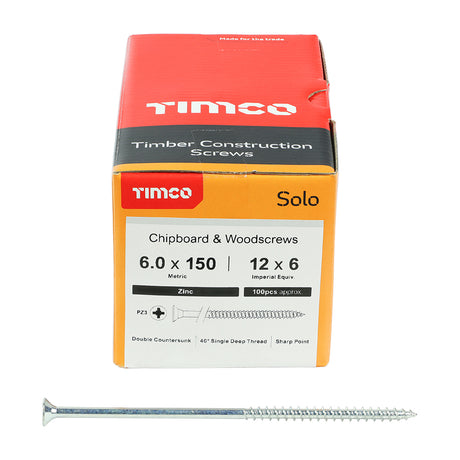 This is an image showing TIMCO Solo Chipboard & Woodscrews - PZ - Double Countersunk - Zinc - 6.0 x 150 - 100 Pieces Box available from T.H Wiggans Ironmongery in Kendal, quick delivery at discounted prices.