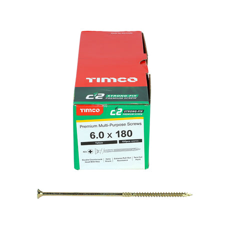 This is an image showing TIMCO C2 Strong-Fix - PZ - Double Countersunk - Twin-Cut - Yellow - 6.0 x 180 - 100 Pieces Box available from T.H Wiggans Ironmongery in Kendal, quick delivery at discounted prices.